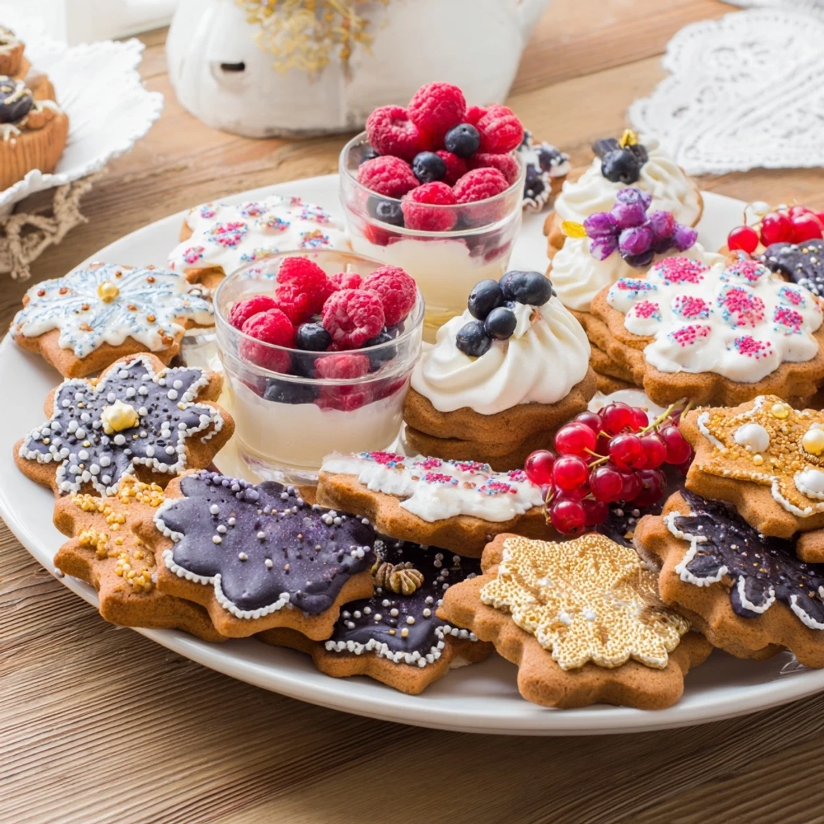 Whimsical Princess Crown Dessert Tray: crown cookies sparkle with edible gold, surrounded by fresh berries.