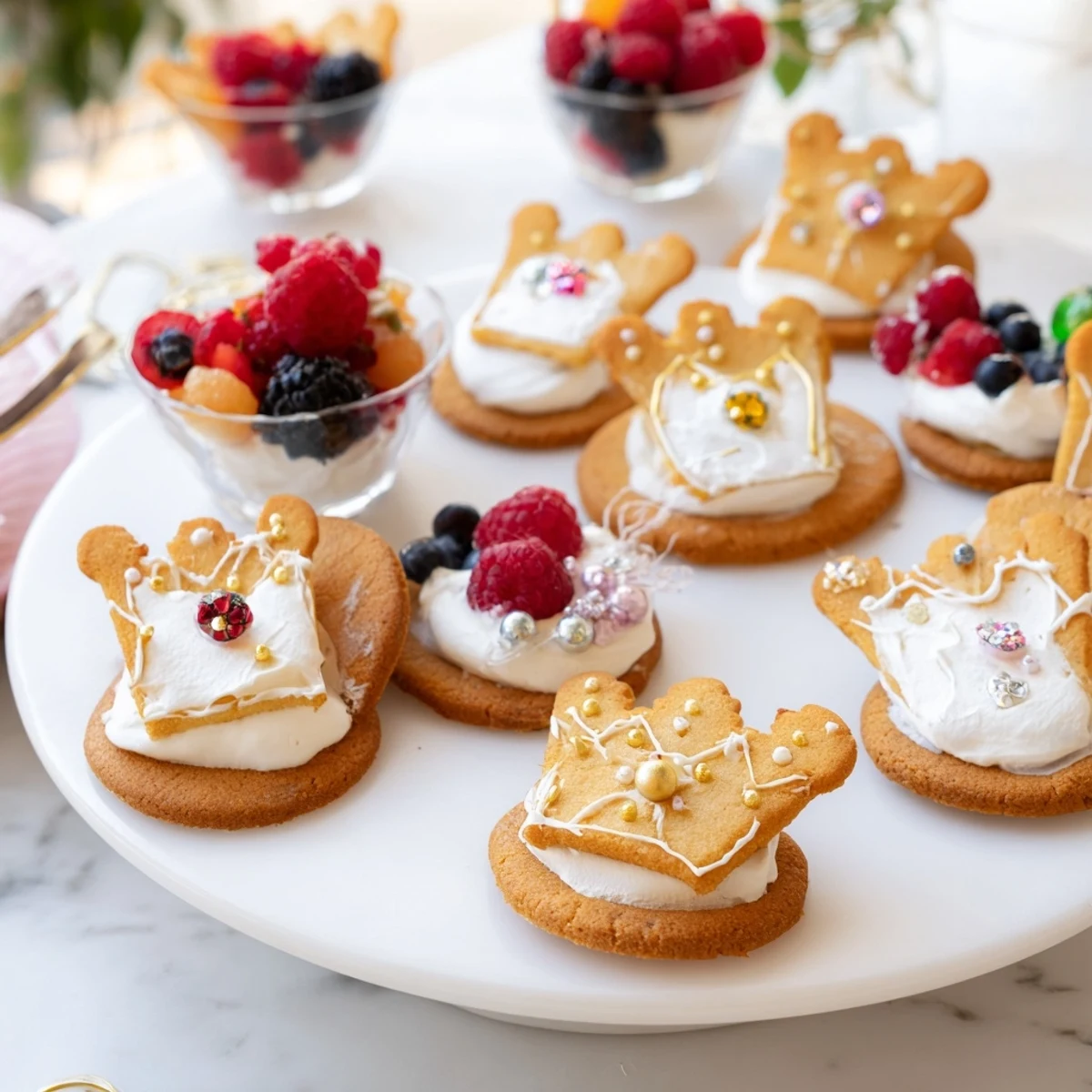 The Princess Crown Dessert Tray presents creamy white chocolate mousse atop, with crown cookies arranged.