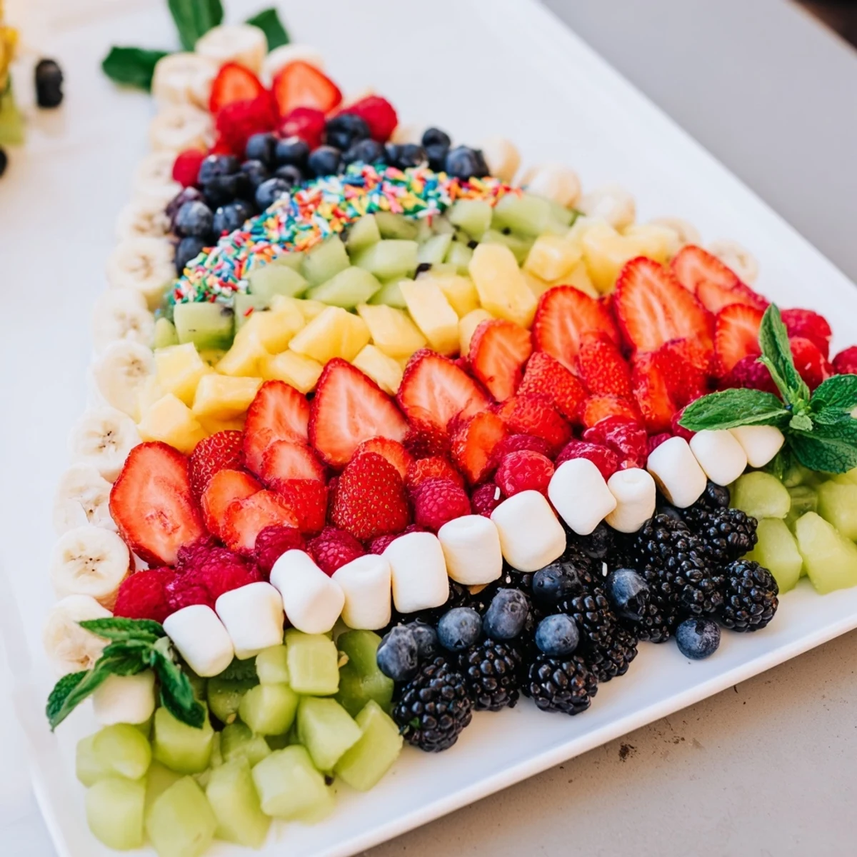 Delicious Happy Birthday Cake slice, a fun fruit platter with strawberries, grapes, and mini marshmallows on display.