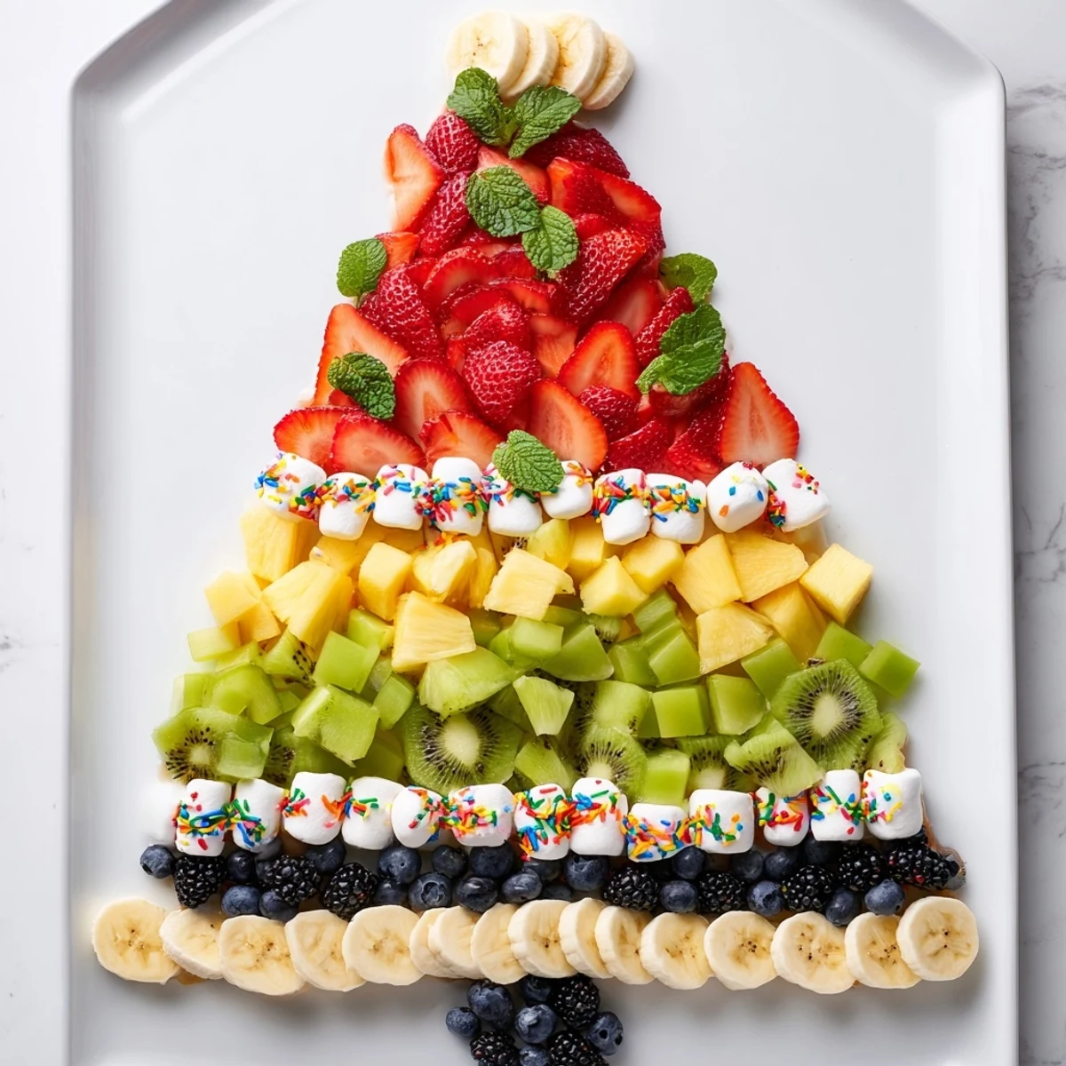Vibrant Happy Birthday Cake slice fruit board overflowing with colorful berries and sweet pineapple.