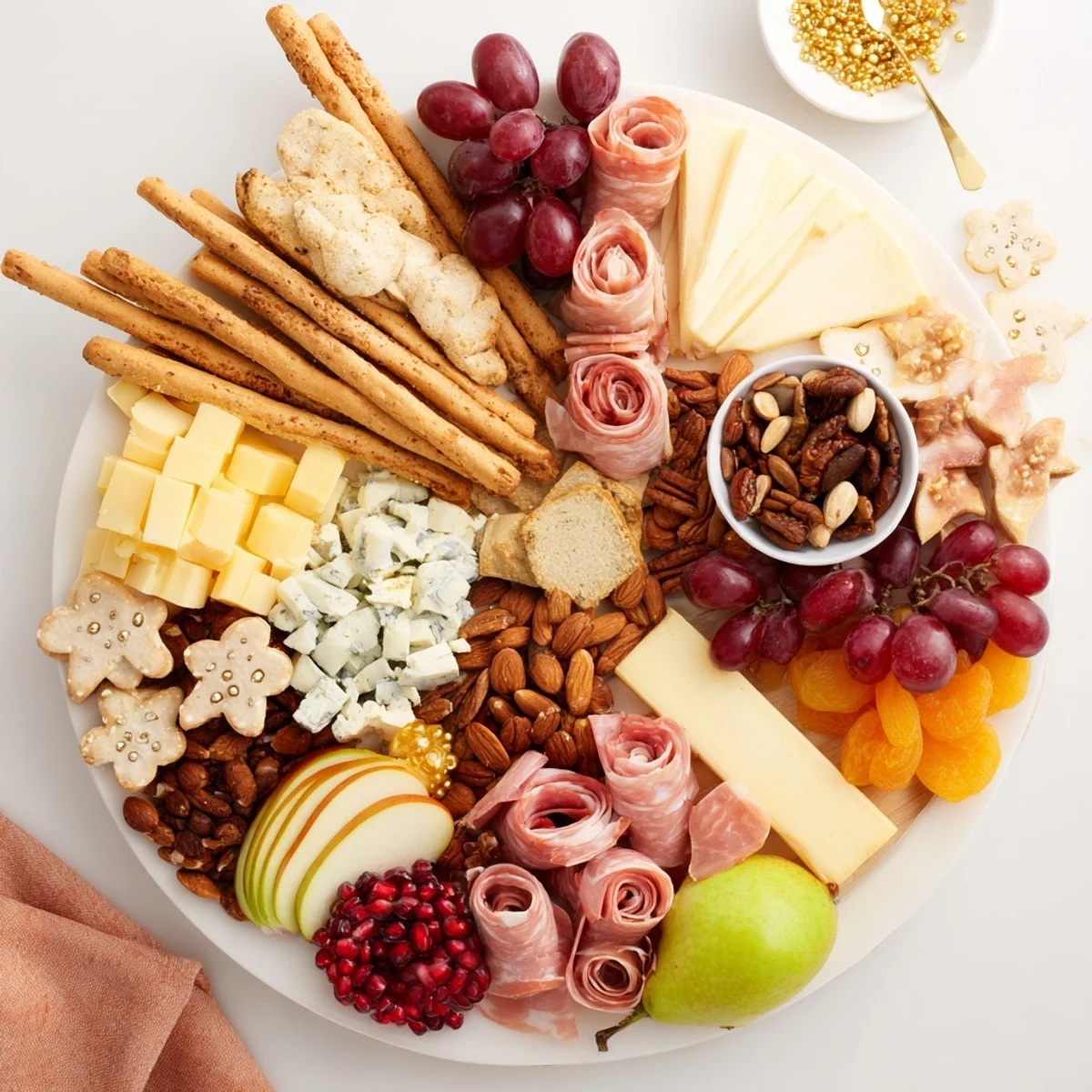 A vibrant Shining Bright Christmas 2025 Board: cheeses, meats, fruits, and sweets for a holiday feast.