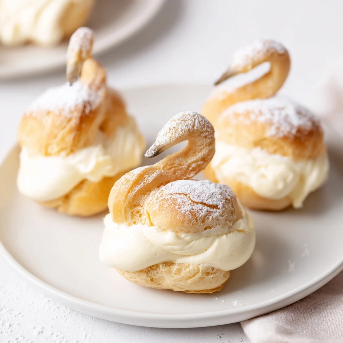 The vanilla cream fills fluffy, golden Feathered Friend Swan Pastry Platter pieces dusted with powdered sugar.
