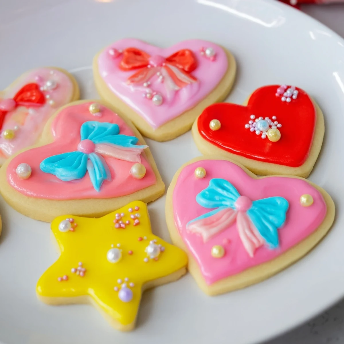 Pretty Bows Heart & Star Cookies: Colorful frosted hearts and stars, festive sugar cookies ready for gifting and celebrations.