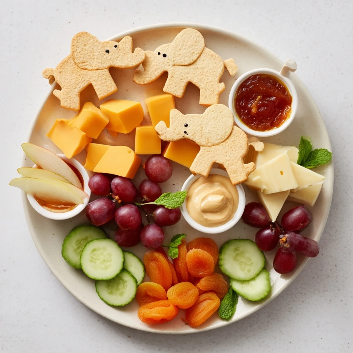 Delicious Elephant Cracker Board: A tempting appetizer with elephant crackers, hummus, and a selection of cheeses and fruits.