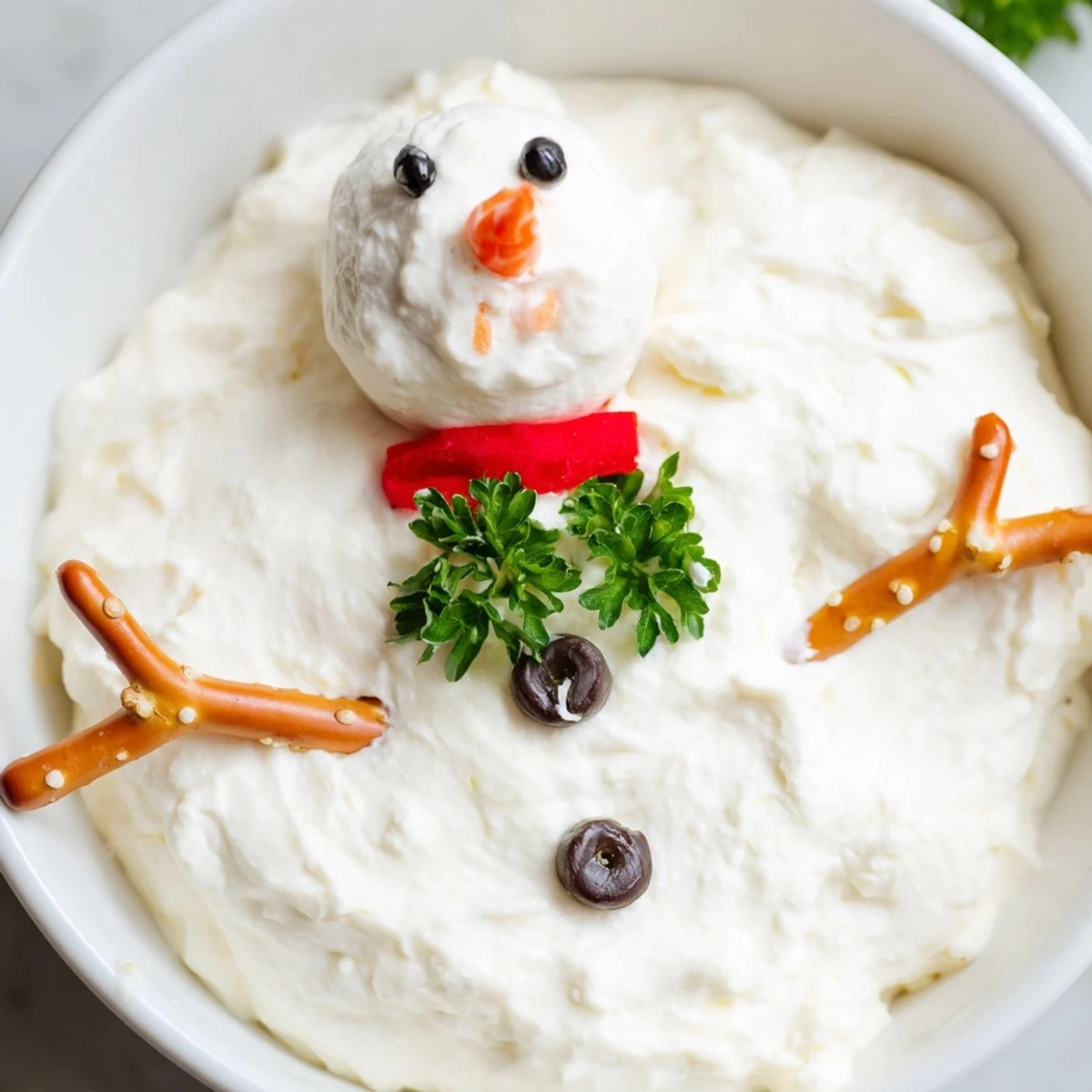 Festive Melted Snowman Dip Bowl, a creamy, cheesy, and veggie-adorned appetizer ready to enjoy.