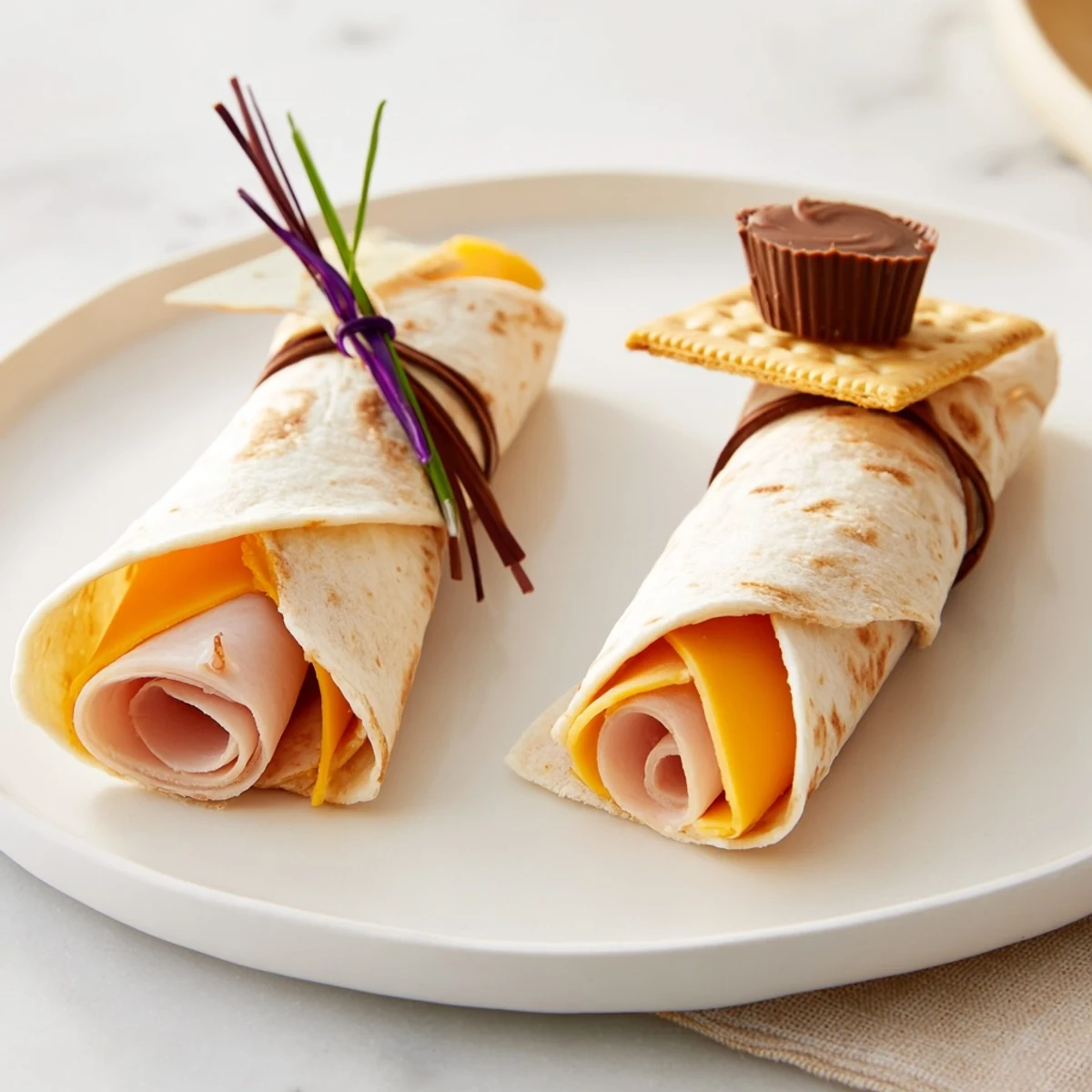 Graduation Cap Diploma Snack Wraps on platter; savory wraps and chocolate caps await your party guests.