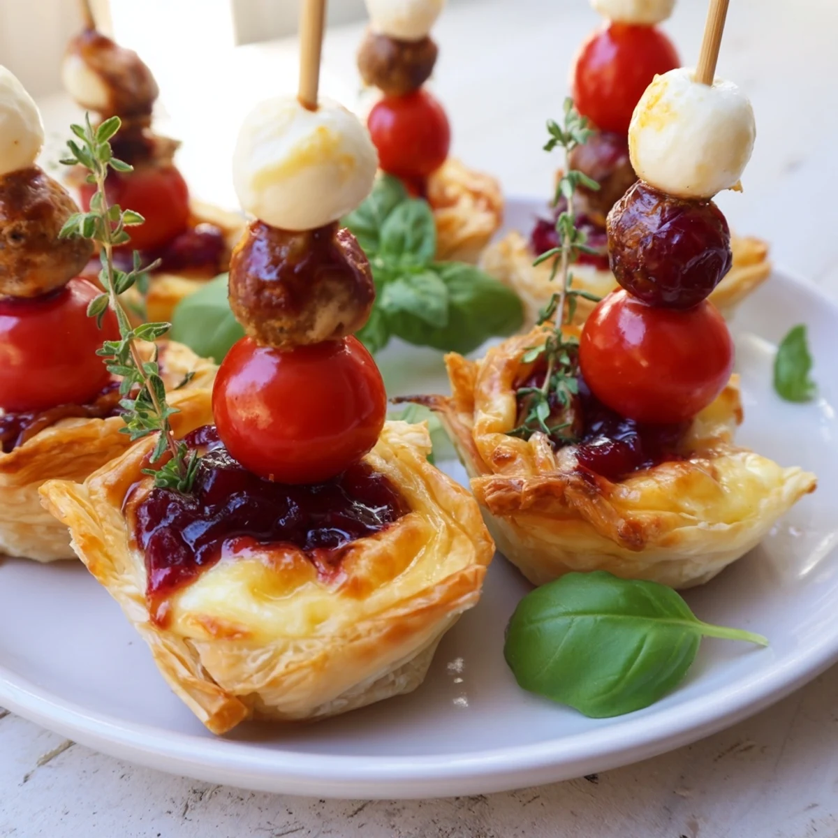 Joy to the World Festive Appetizer Trio, ready to serve, presents colorful mini Caprese skewers and tasty meatballs.