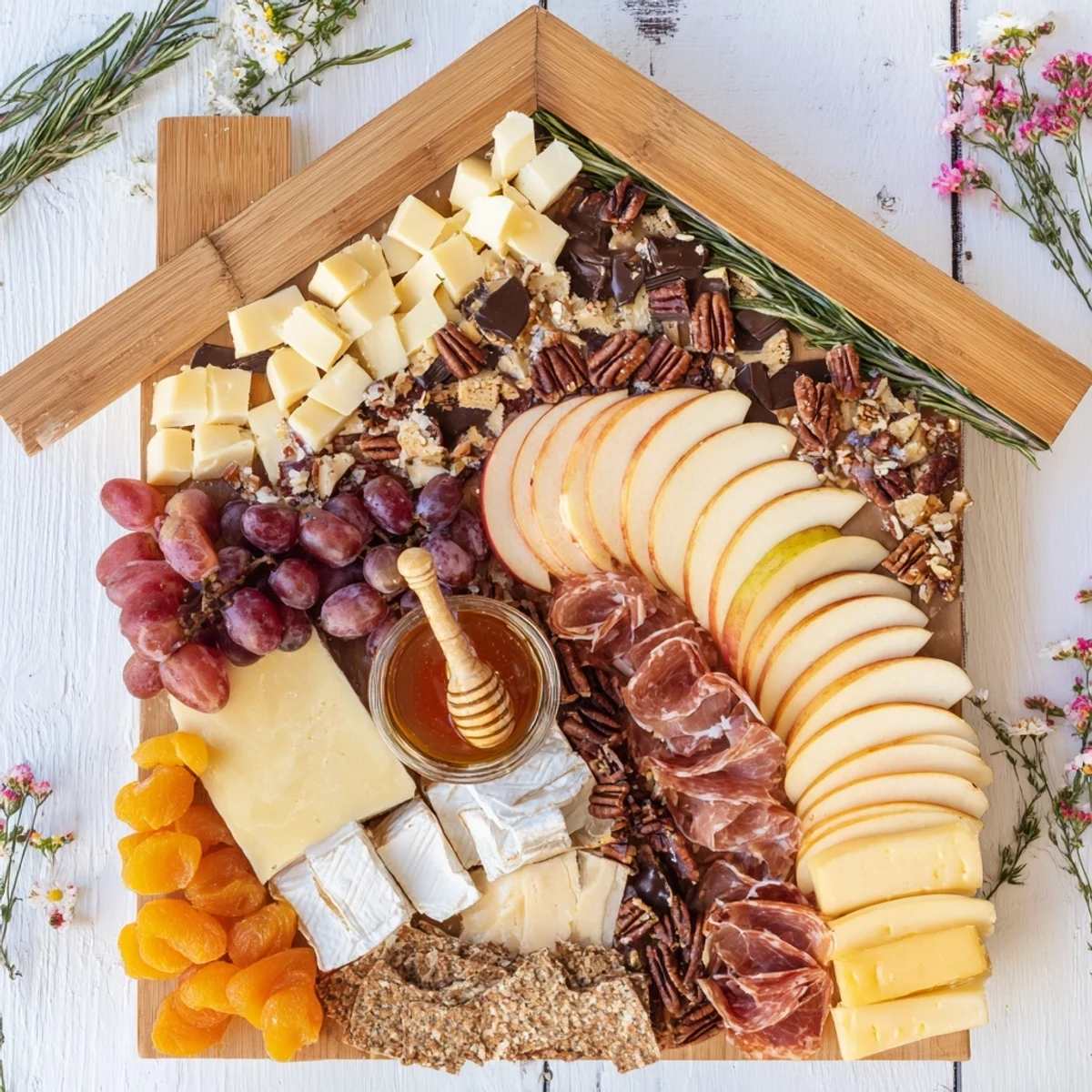 Vibrant photo of a Sweet Home Charcuterie Board; a cozy appetizer with honey, grapes, and crackers.