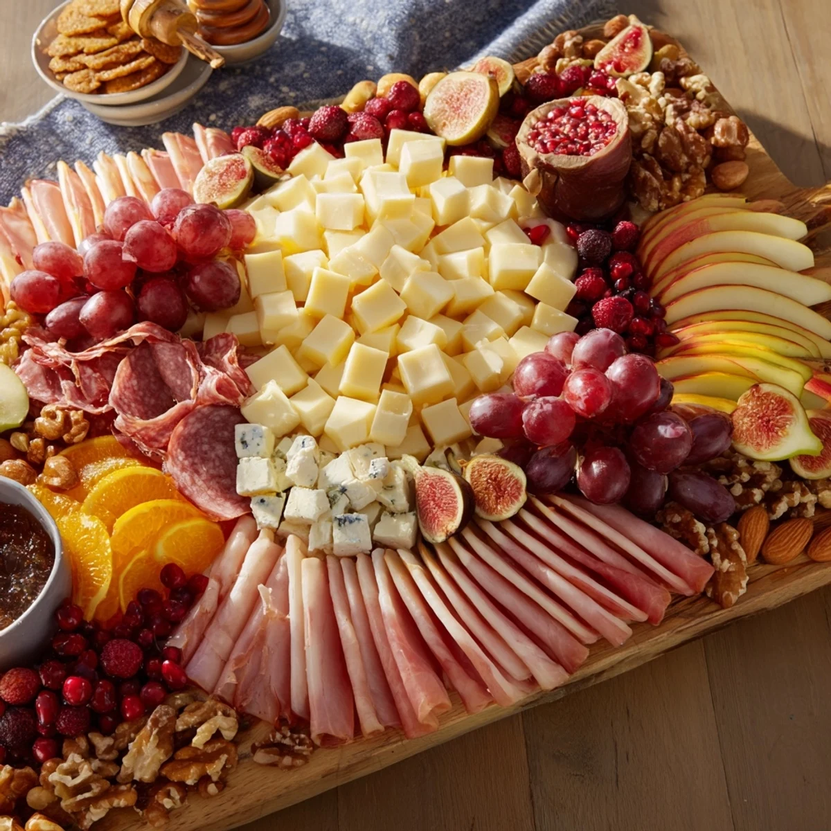 Vibrant Éclat dÉtoiles Planche de Noël 2025: imagine layers of cheese, meats, and colorful fruits served for your holiday guests.