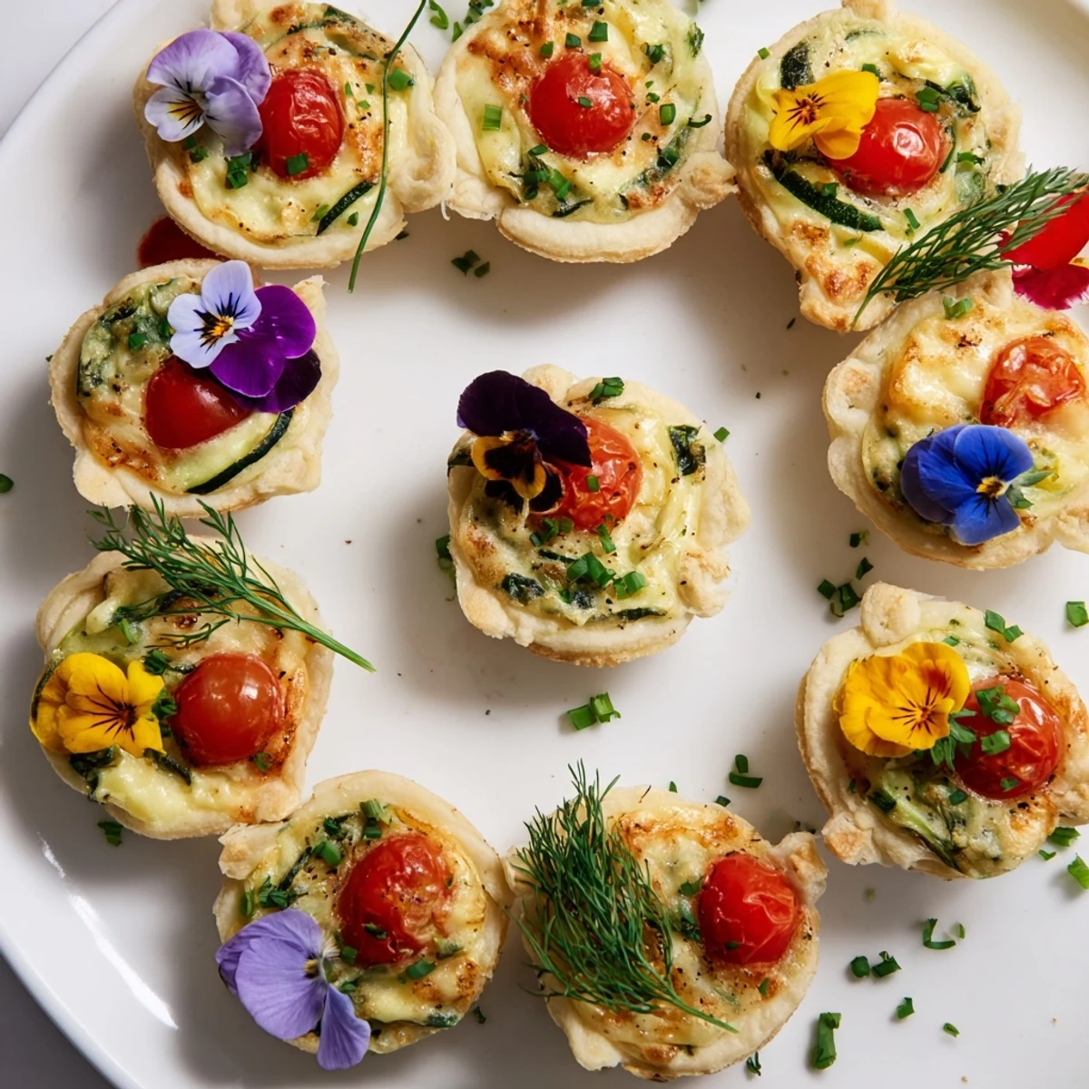 Mini Couronne Florale Quiches with fluffy, golden crusts, bursting with colorful spring vegetables everyone will love.