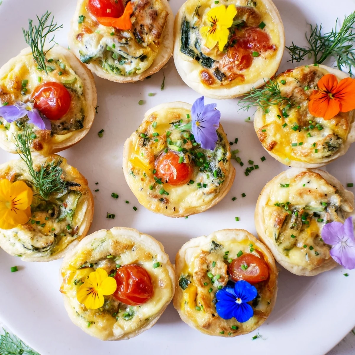 A beautiful serving of Couronne Florale Mini Quiches; imagine the flaky pastry wreath, filled with fresh ingredients.