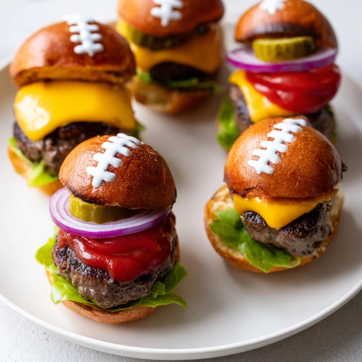 Enjoyable party food: a platter of perfectly shaped American Football Oval Burger Platter, ready to be devoured.