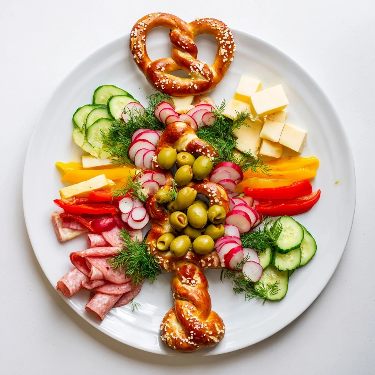 Golden pretzels forming a Bretzel Arbre de Vie, showcasing colorful cheese, meats, and fresh veggies.