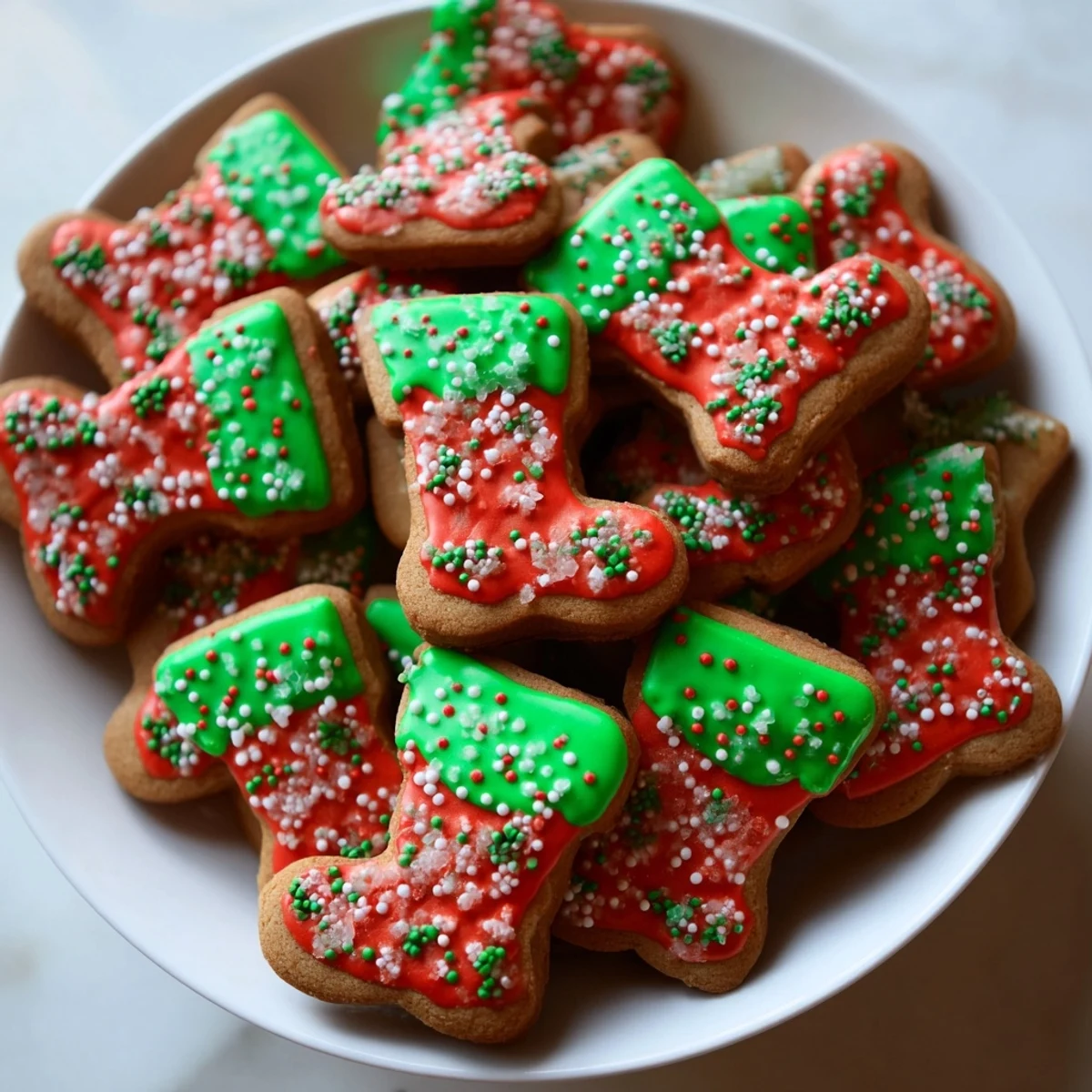 Festive Christmas Boot-Shaped Delights, freshly baked with golden edges, decorated with colorful sprinkles and icing.