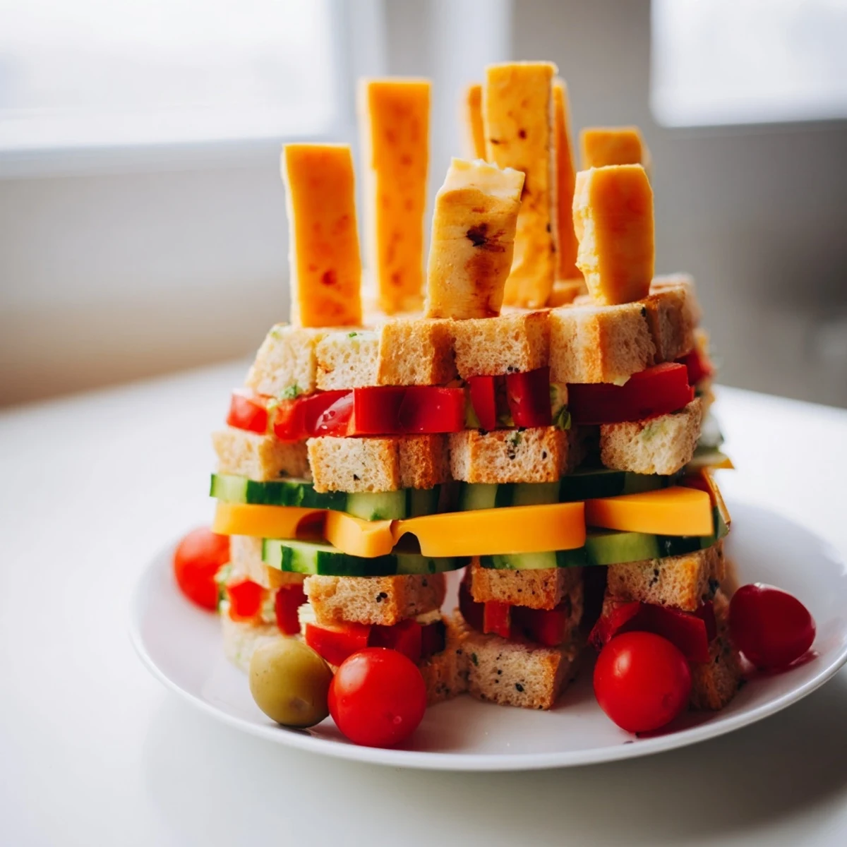 Delicious Urban Skyscraper Appetizers, featuring cheese layers, crackers, and fresh cucumber slices on display.