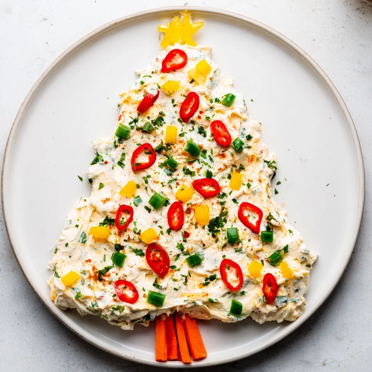 Vibrant Chili Pepper Christmas Tree Dip, a spicy appetizer arranged with colorful vegetables and herbs.