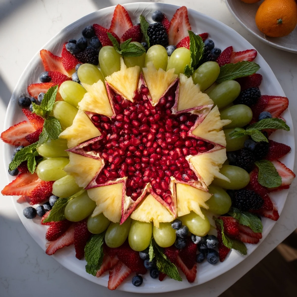 Juicy pomegranate arils and colorful fruits create a stunning Starburst Platter perfect for entertaining.