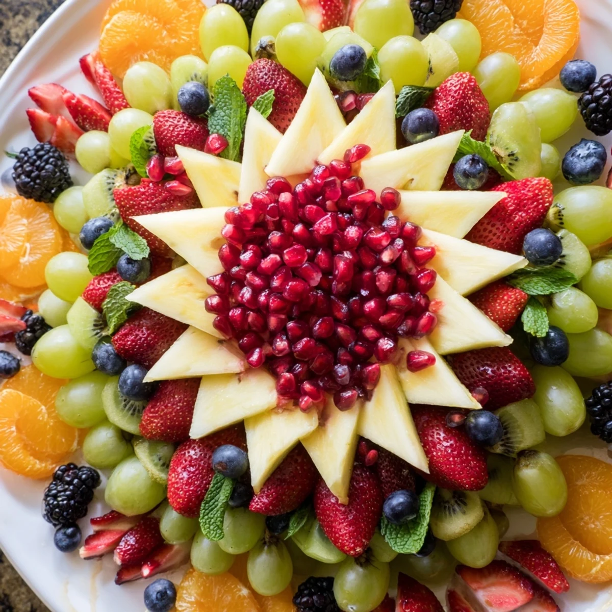 A brightly-colored Pomegranate Starburst Platter with fresh kiwi, strawberries, and other vibrant fruits, ready to enjoy.