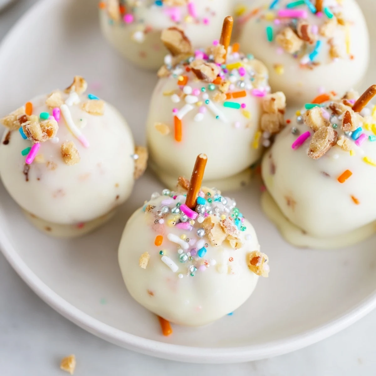 Shiny, festive holiday ornament candy balls covered in white chocolate and colorful sprinkles.