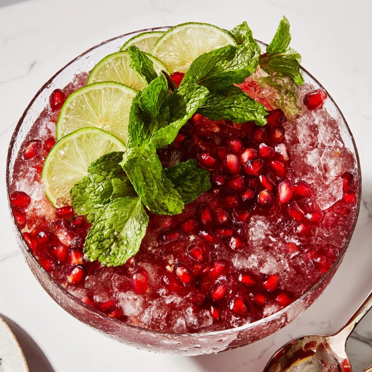 Pomegranate and mint wreath drink: bright red beverage garnished with fresh mint and pomegranate seeds.