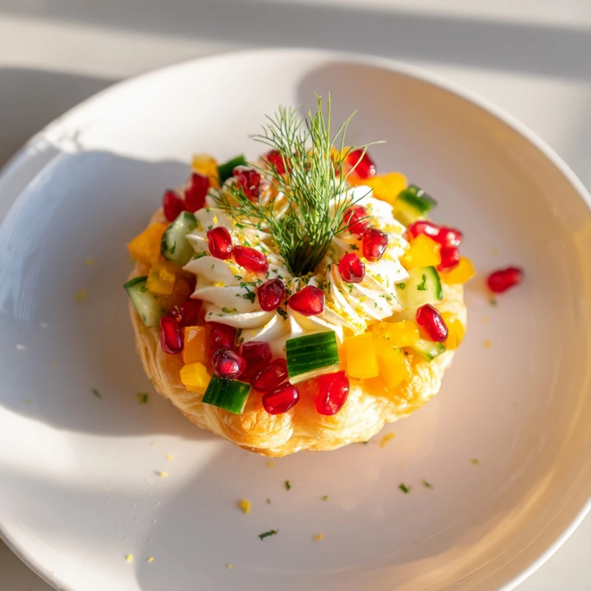 Golden Savory Tartlets, mini appetizer wreath, filled with creamy cheese and fresh, vibrant vegetables.