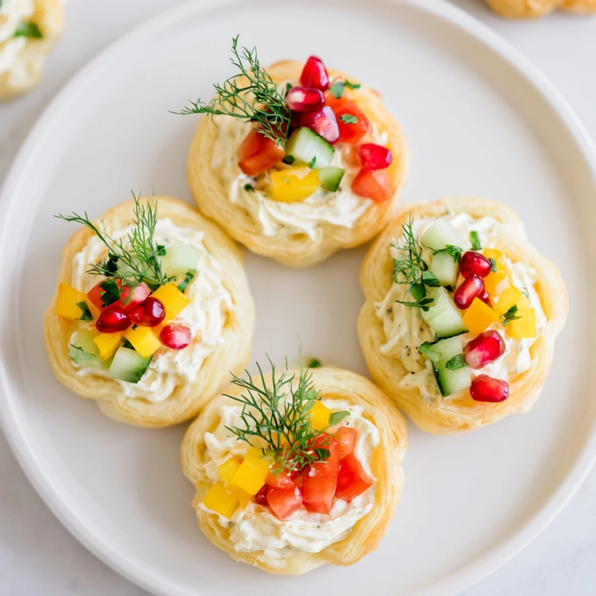 Crispy, buttery baked Savory Tartlets adorned with colorful vegetables, perfect for holiday gatherings or parties.
