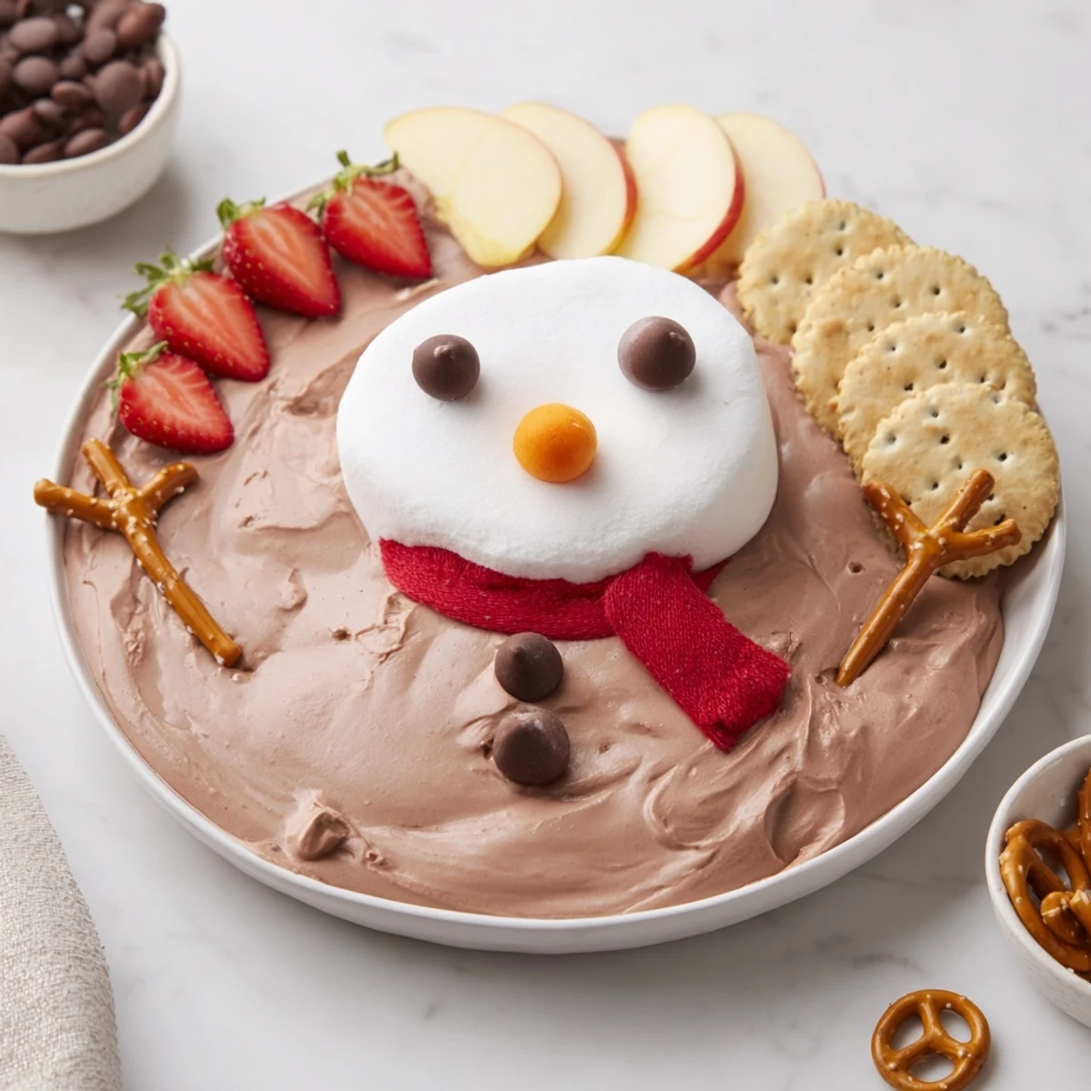 Hot Cocoa Dip Snowman forms a festive dip shape, a creamy winter dessert, ready to be enjoyed.
