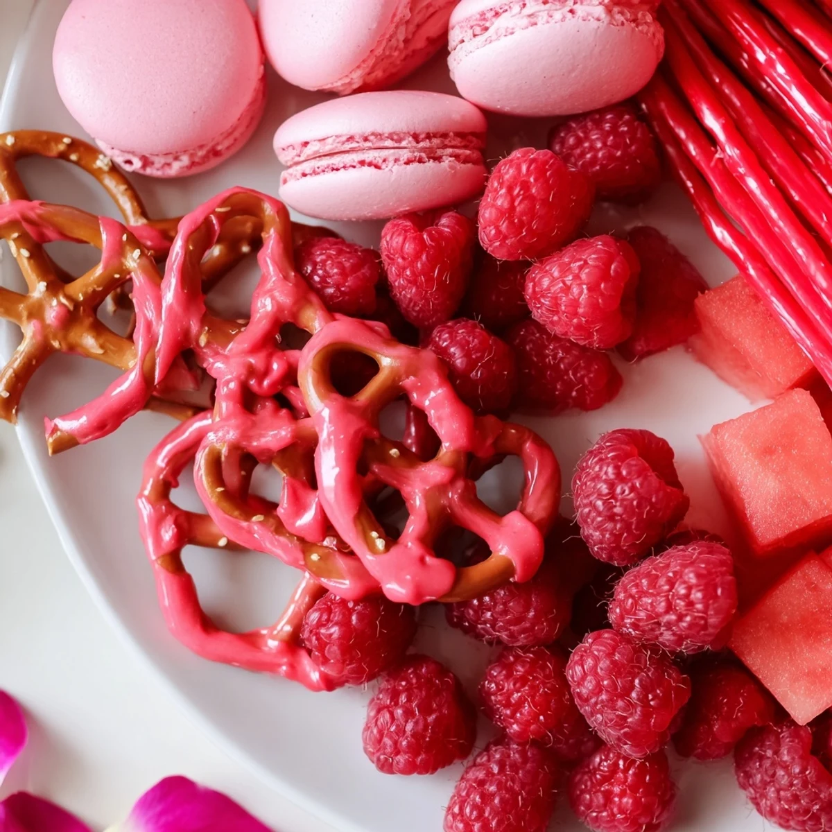 A stunning baby reveal snack board featuring pink and blue treats like macarons and pretzels.