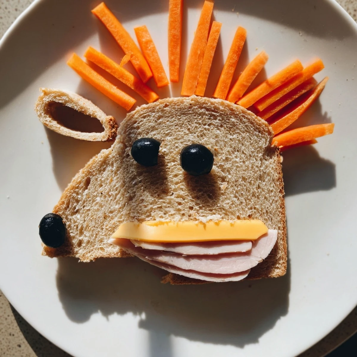 Horse Head Sandwich cutouts with black olive eyes and carrot manes for a fun kid's lunch.