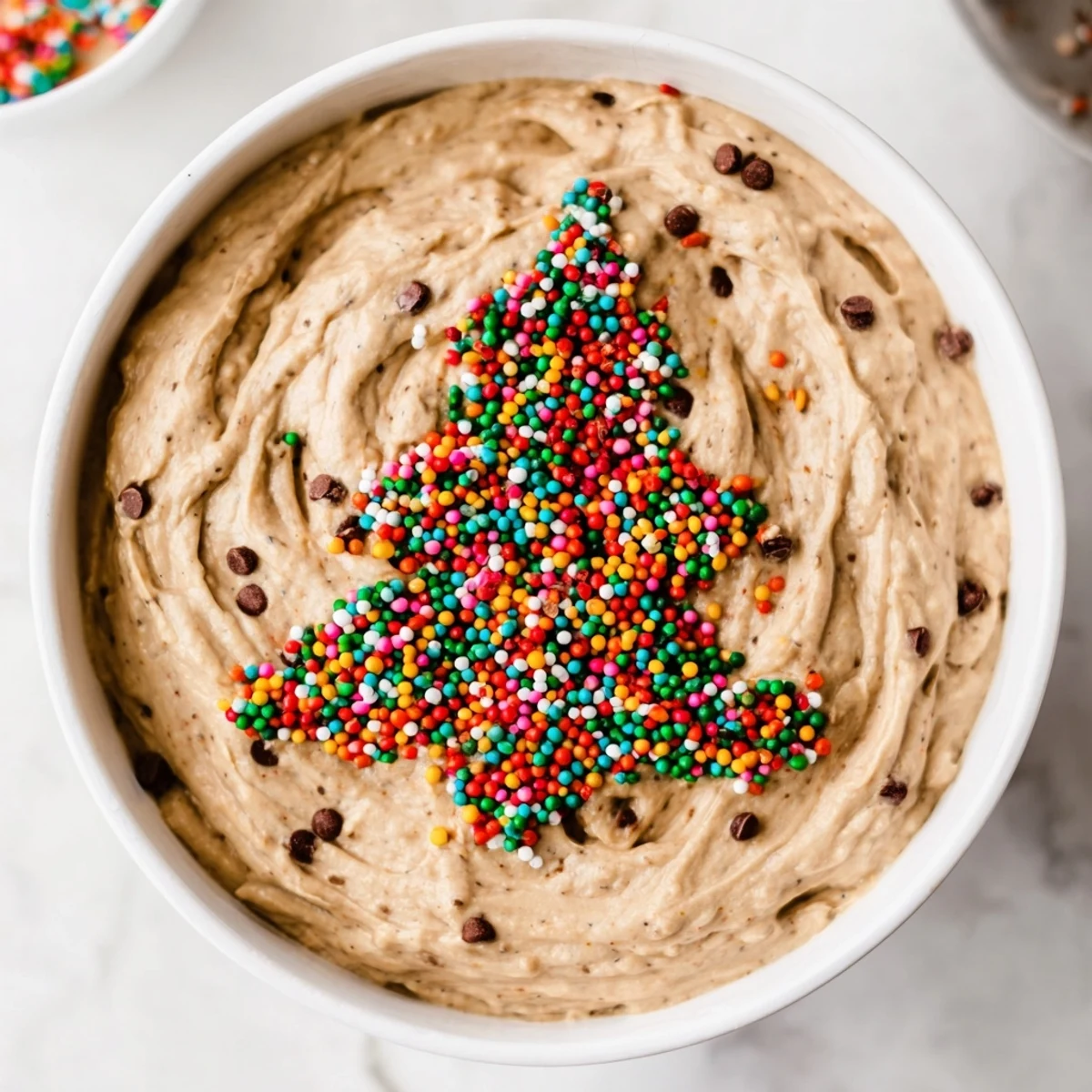 Rich, decadent Festive Tree Brownie Dip topped with colorful holiday sprinkles, perfect for dipping.