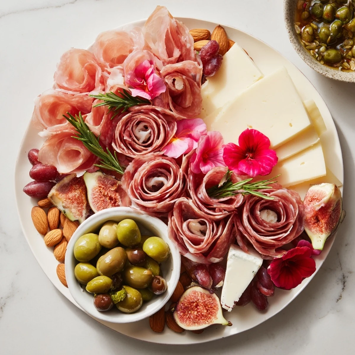 A close-up of the Meat and Cheese Rose Garden Board, showcasing beautiful, edible arrangements and various accompaniments.