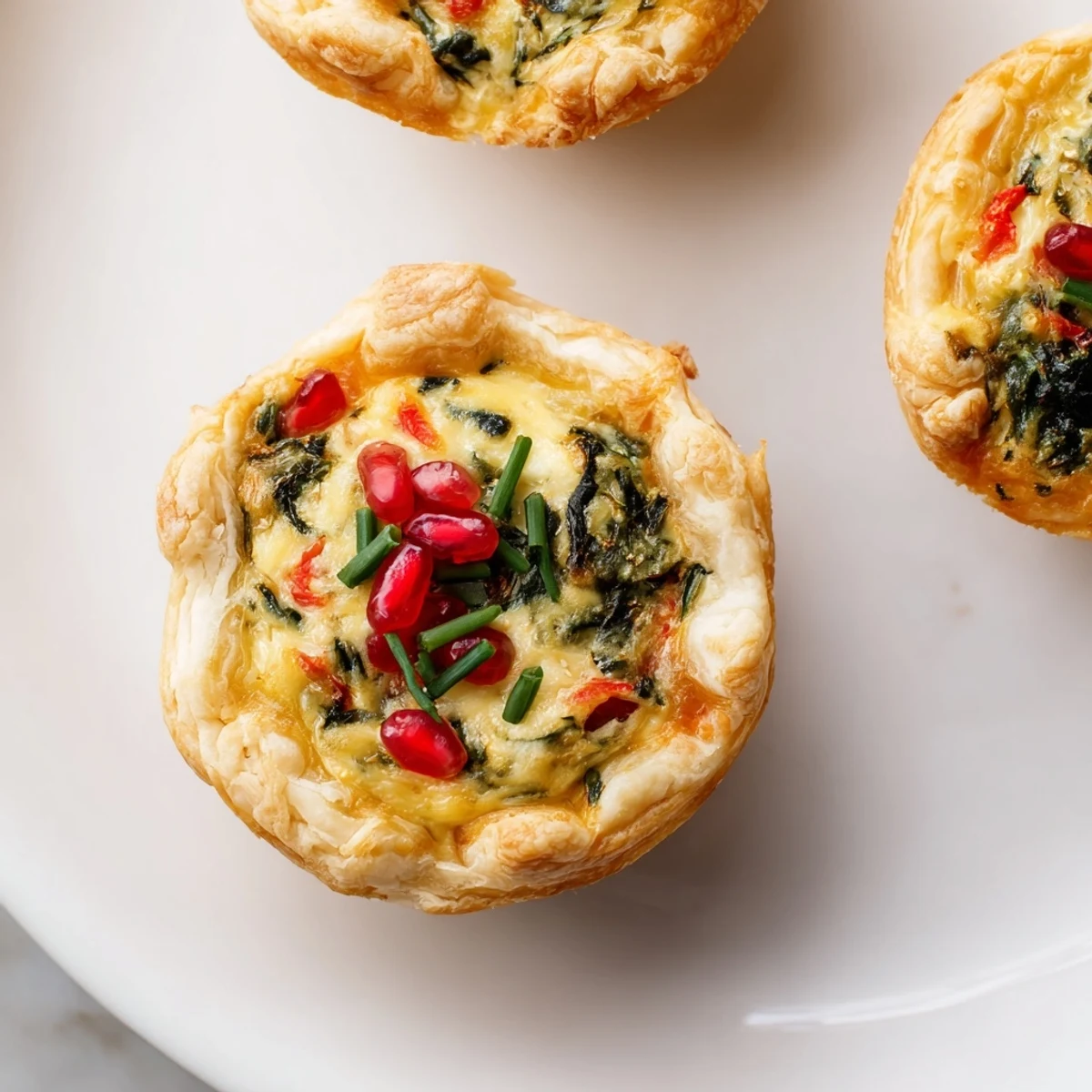 Close-up of a delightful mini quiche Christmas tree, showcasing a variety of fillings and textures.