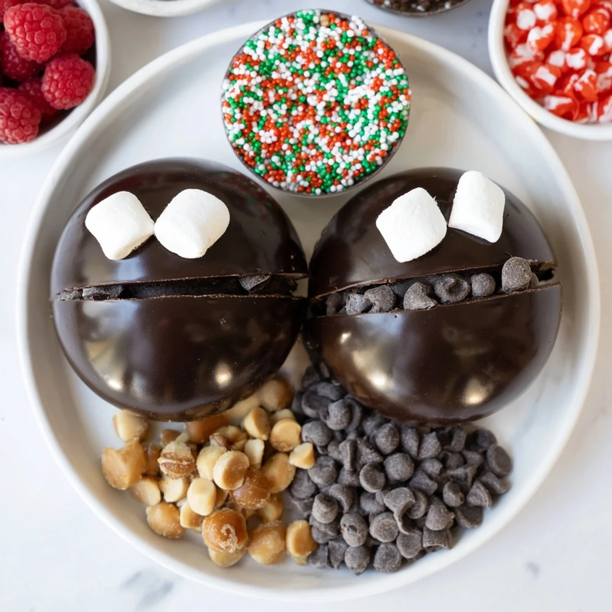 A mug overflowing with rich hot cocoa, topped with sprinkles and a delicious hot cocoa bomb.