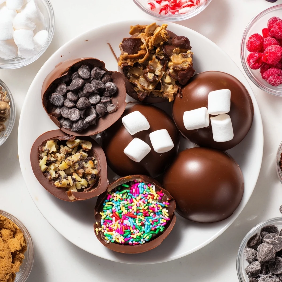 Vibrant topping bar featuring hot cocoa bomb ingredients ready for a fun, interactive dessert experience.