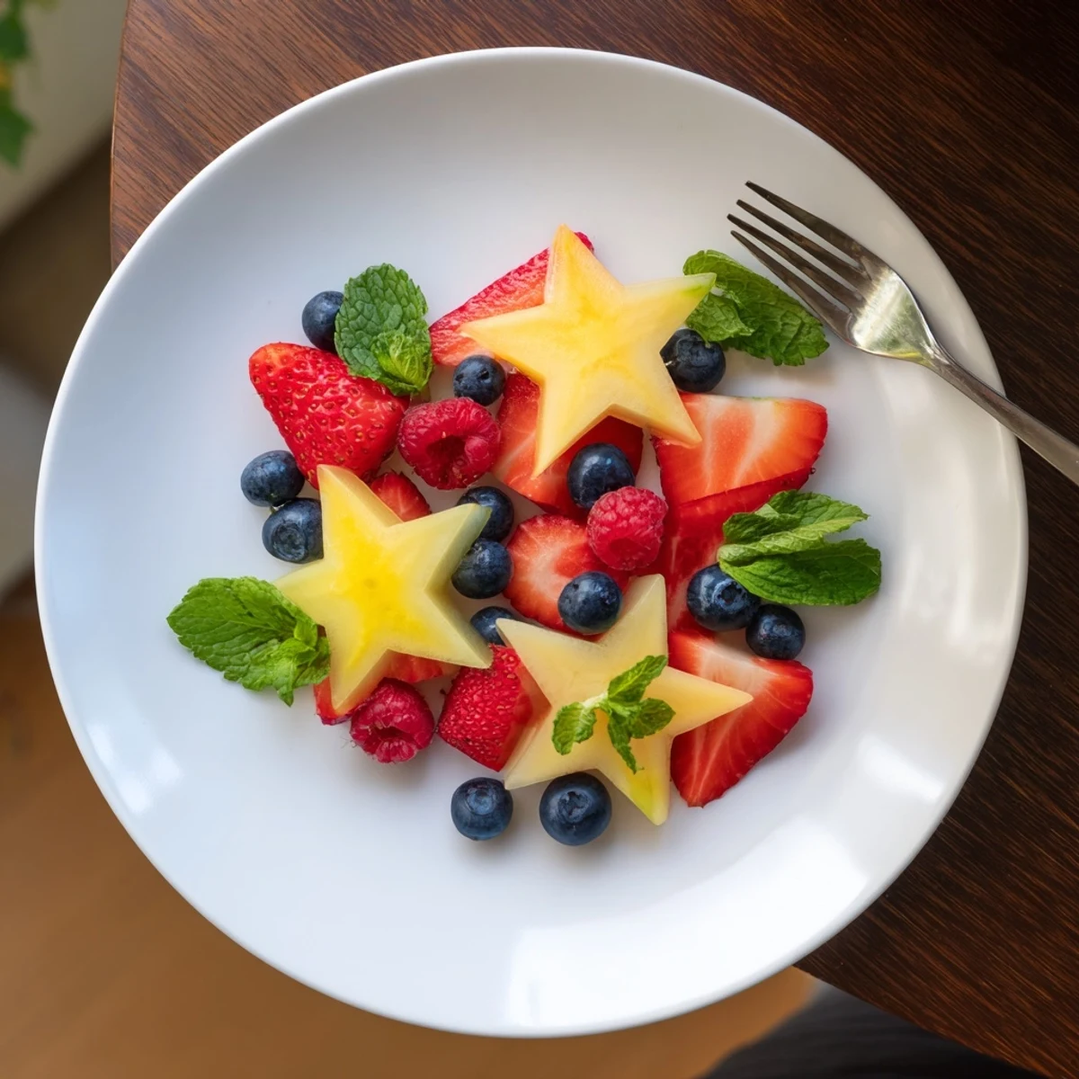 Freshly sliced starfruit and berries arranged on a platter, a colorful and healthy snack.