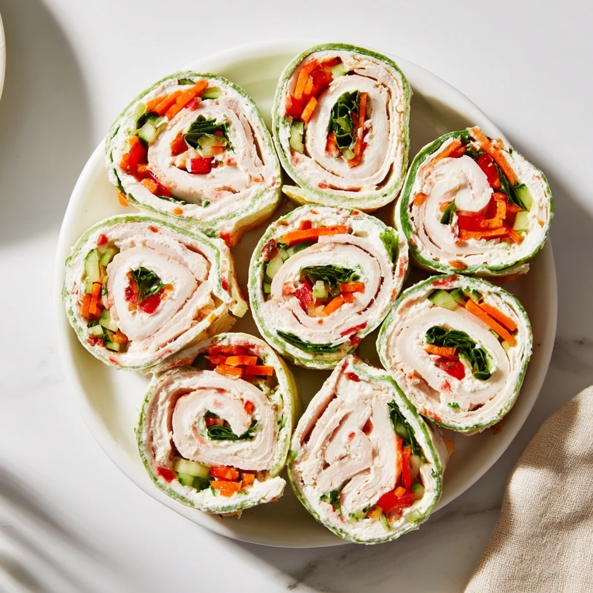 Festive photo of Smoked Turkey Pinwheels Tree appetizer, layered with colorful veggies for holiday serving.