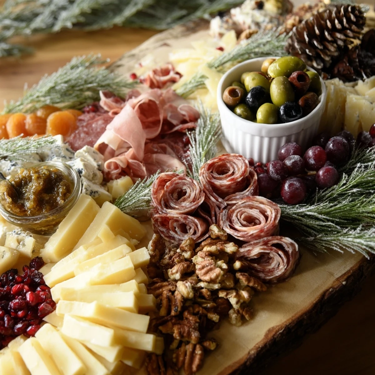Imagine a rustic Winter Forest meat and cheese recipe board overflowing with holiday flavors and textures.