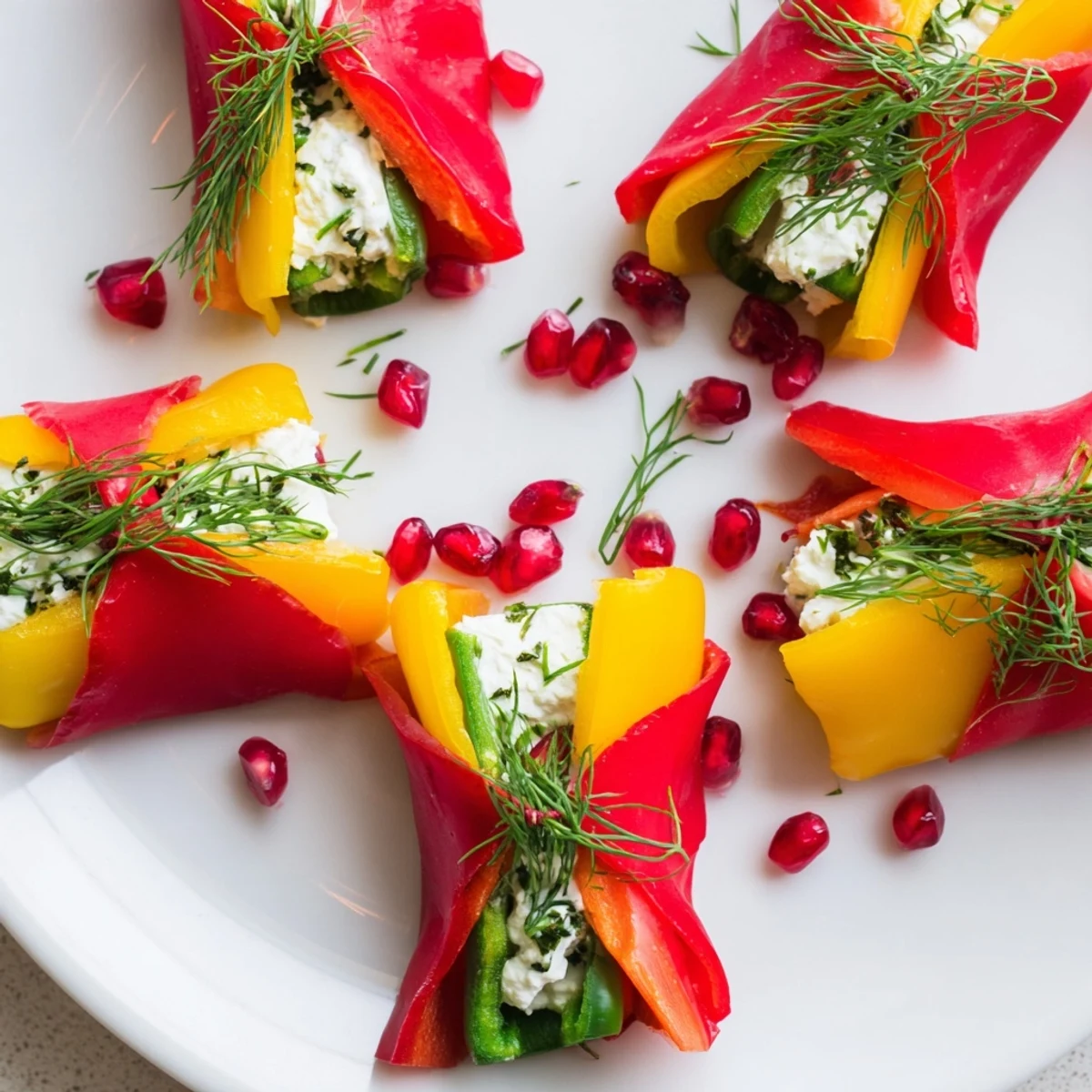 Vibrant Bell Pepper Christmas Bow appetizers; colorful bell pepper bows with creamy, herb-filled centers ready to serve.