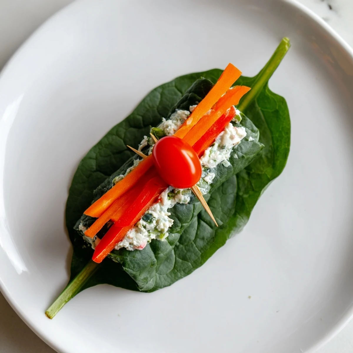 Fresh Holly Leaf Spinach Wraps, full of colorful veggies and creamy, herbed cheese, ready to enjoy.