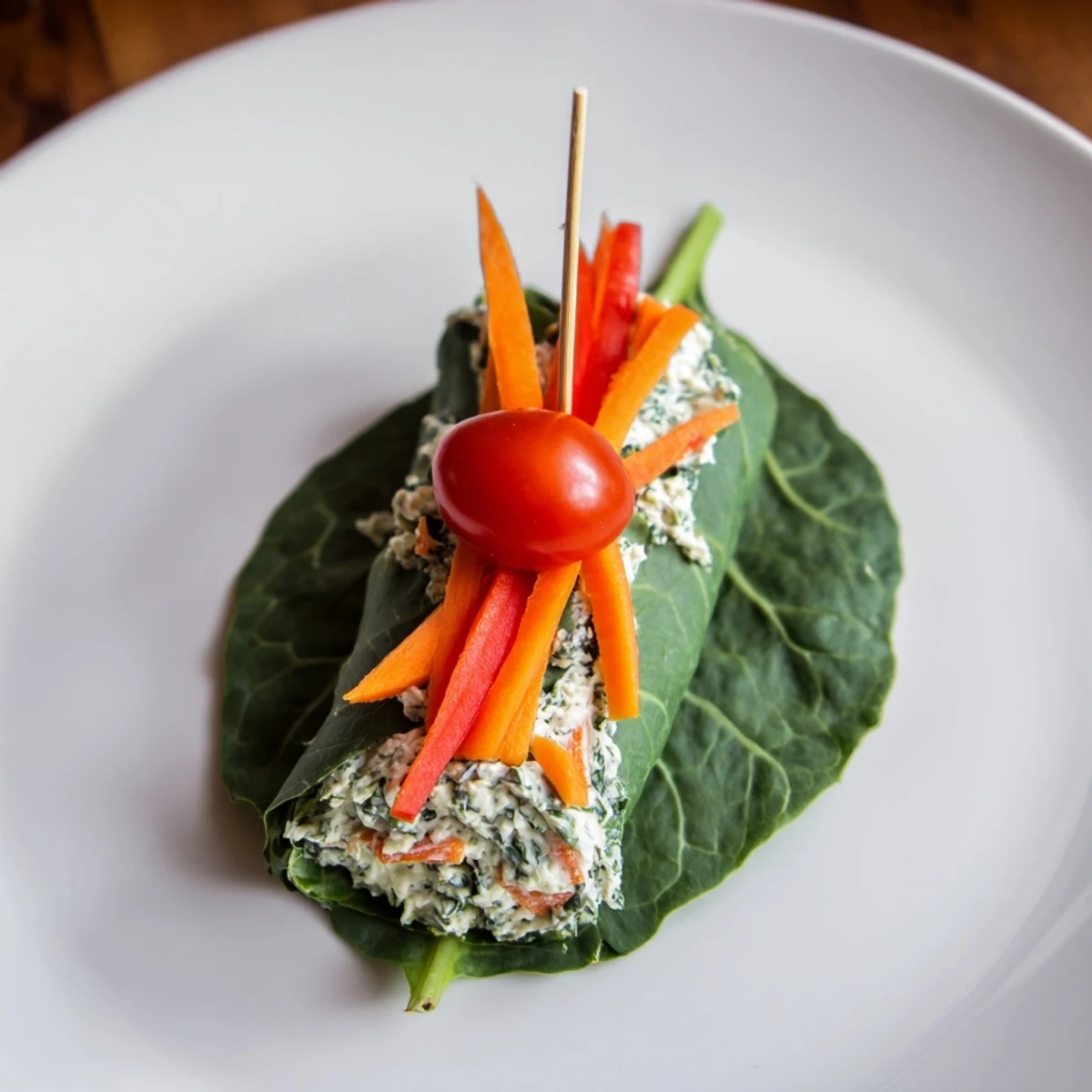 Bright green spinach leaves, rolled into festive Holly Leaf Spinach Wraps, perfect for a light lunch.
