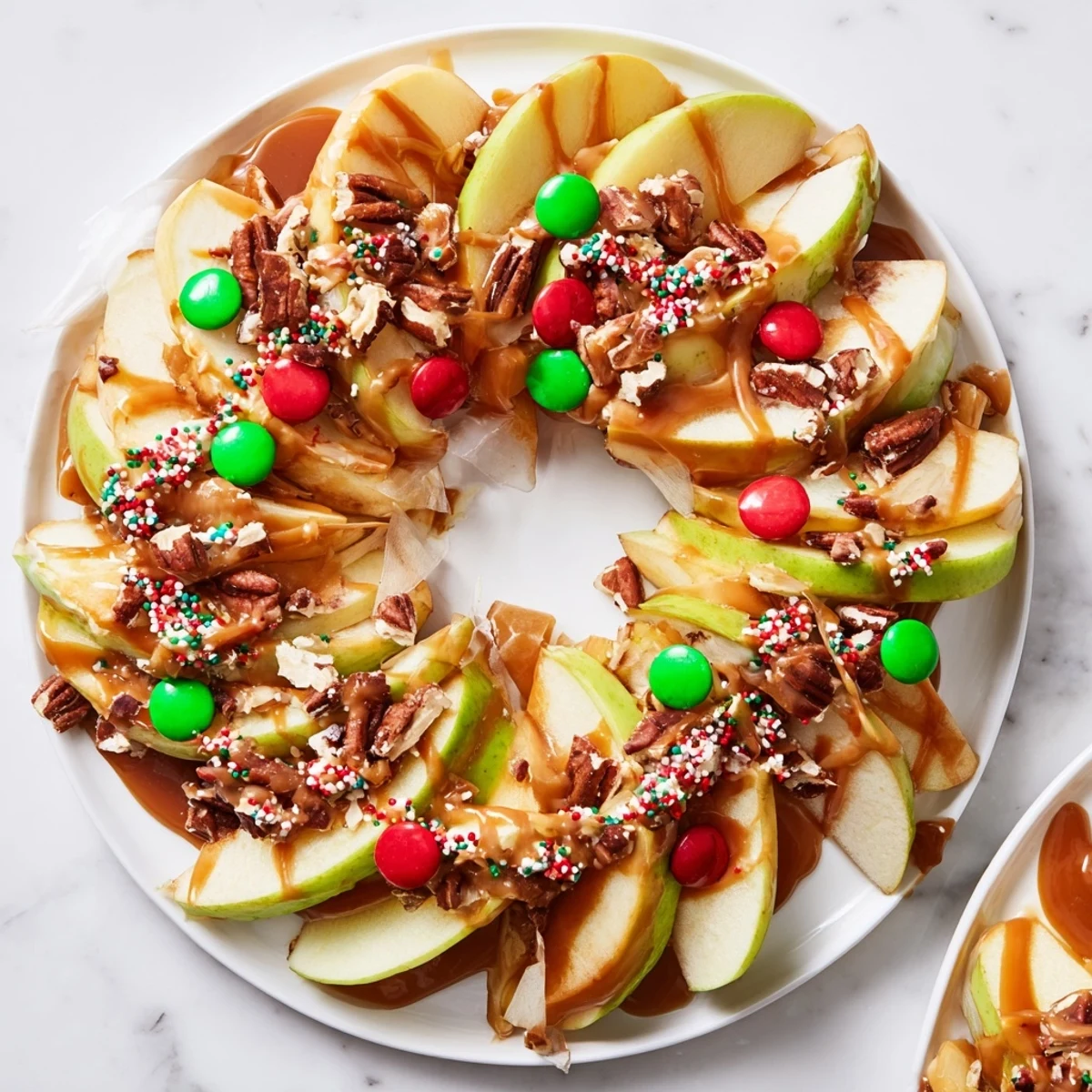 Festive Caramel Apple Slice Christmas Wreath, a dessert wreath drizzled with chocolate and caramel.