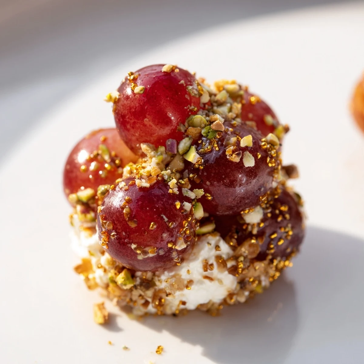 Sparkling grape cluster appetizer, beautifully arranged with shimmering grapes, creamy cheese, and toasted nuts.