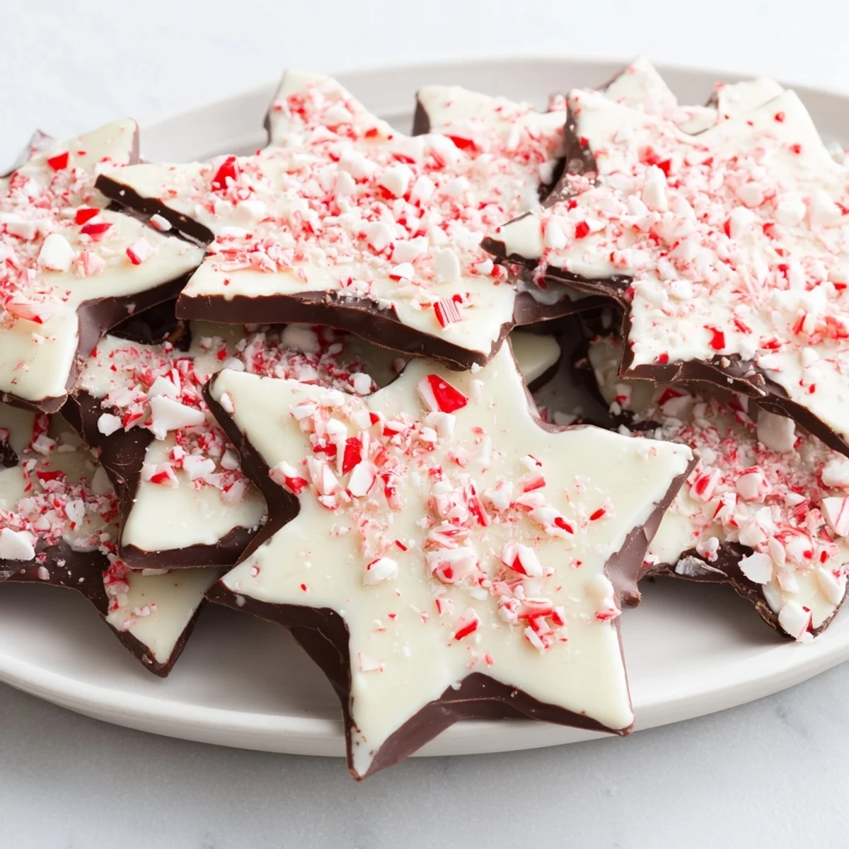 Close-up of vibrant Peppermint Bark Snowflakes: layers of chocolate topped with crushed peppermint candy.