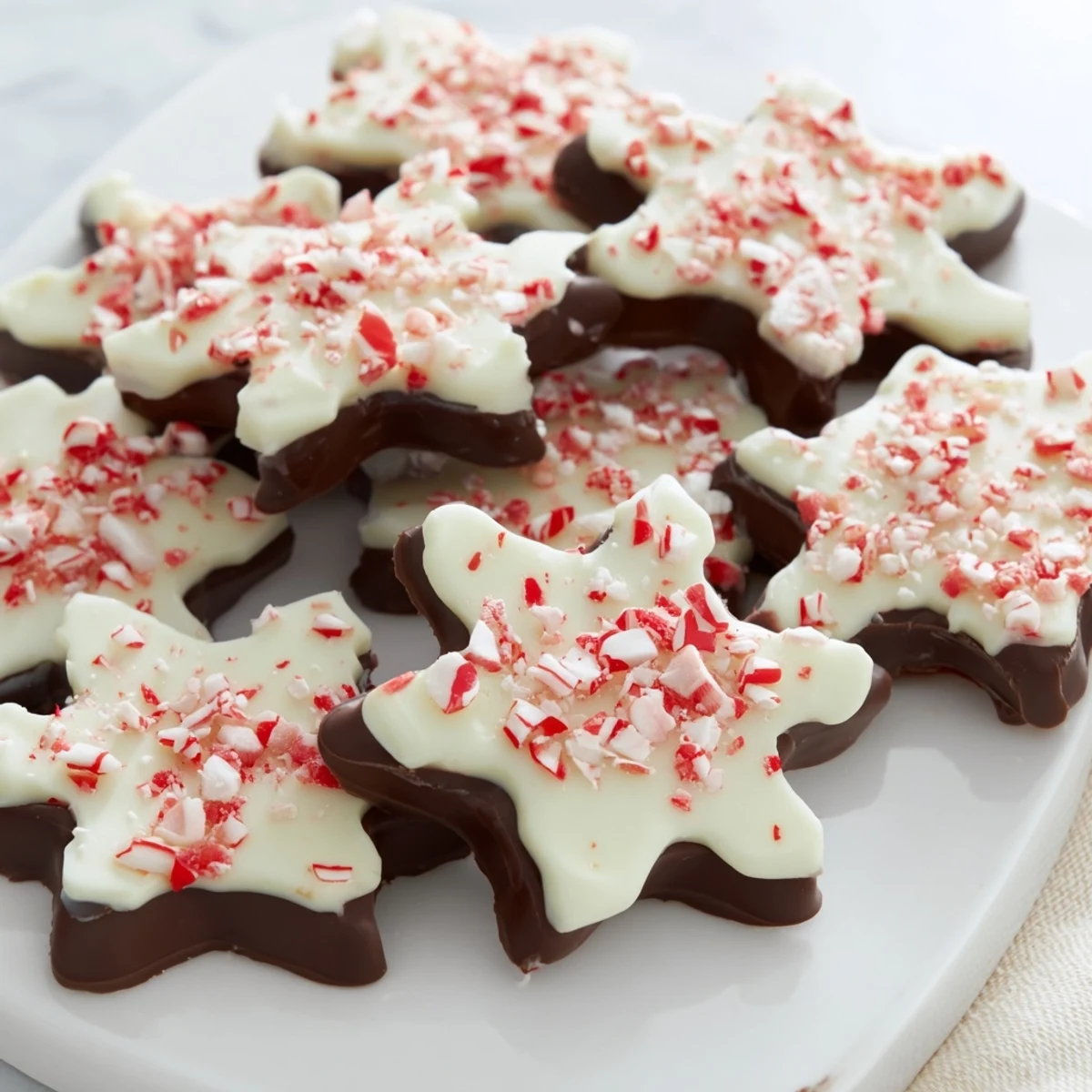 Shiny, colorful Peppermint Bark Snowflakes arranged and ready to serve for the holiday season's enjoyment.