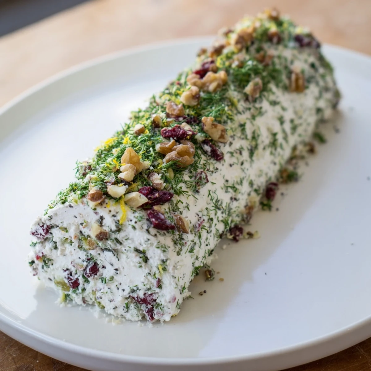 Creamy Winter Snowdrift Goat Cheese Log, garnished with fresh herbs and cranberries, appealing for any gathering.