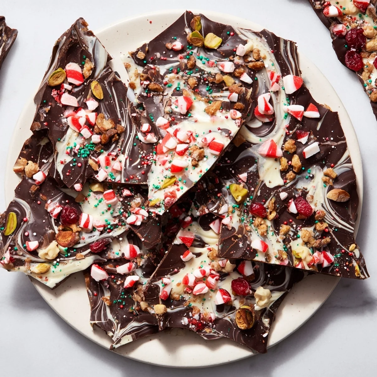 Crisp and colorful holiday bark recipe, showcasing a mix of chocolate and vibrant, sweet toppings.