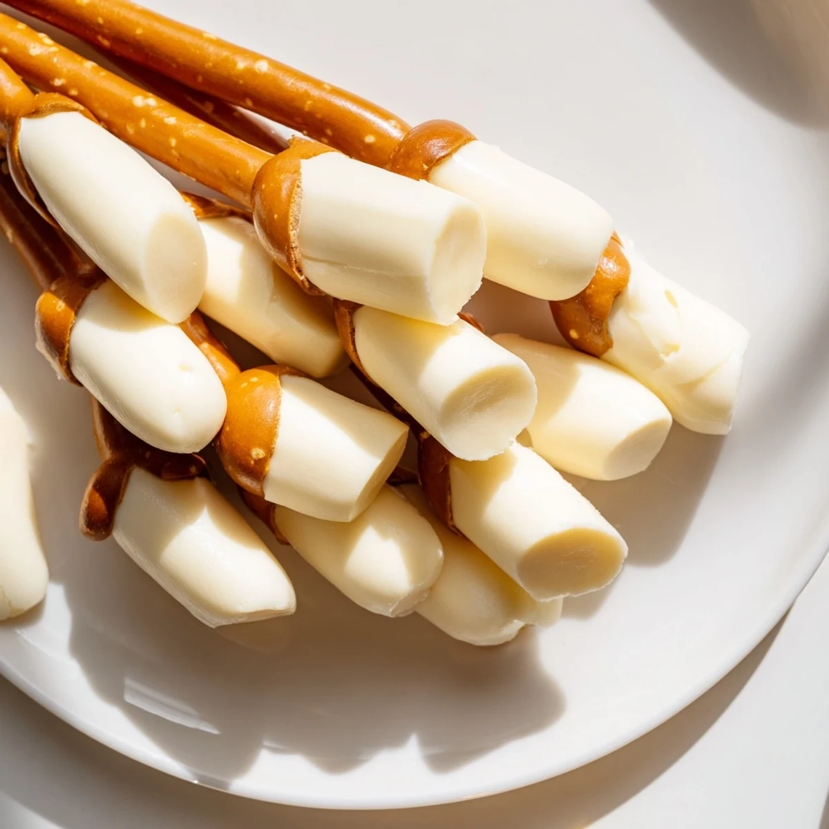 String cheese and pretzel rods snack: a playful pairing, creamy mozzarella with salty pretzels, ready to serve.