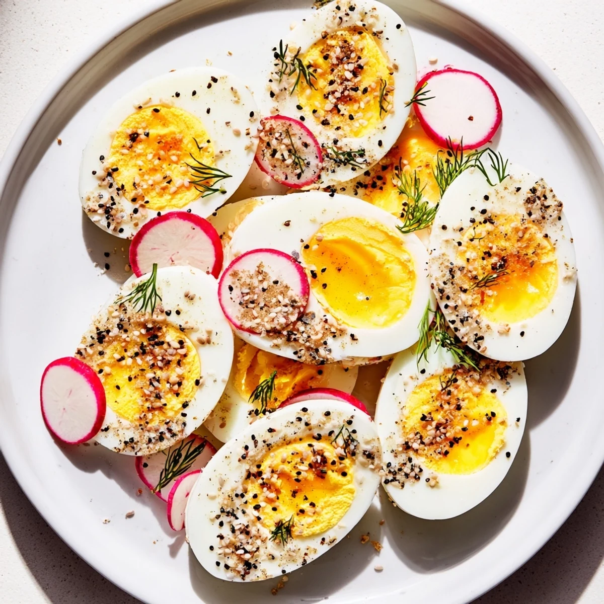A beautifully arranged brunch board with savory everything bagel seasoning sprinkled over sliced eggs.