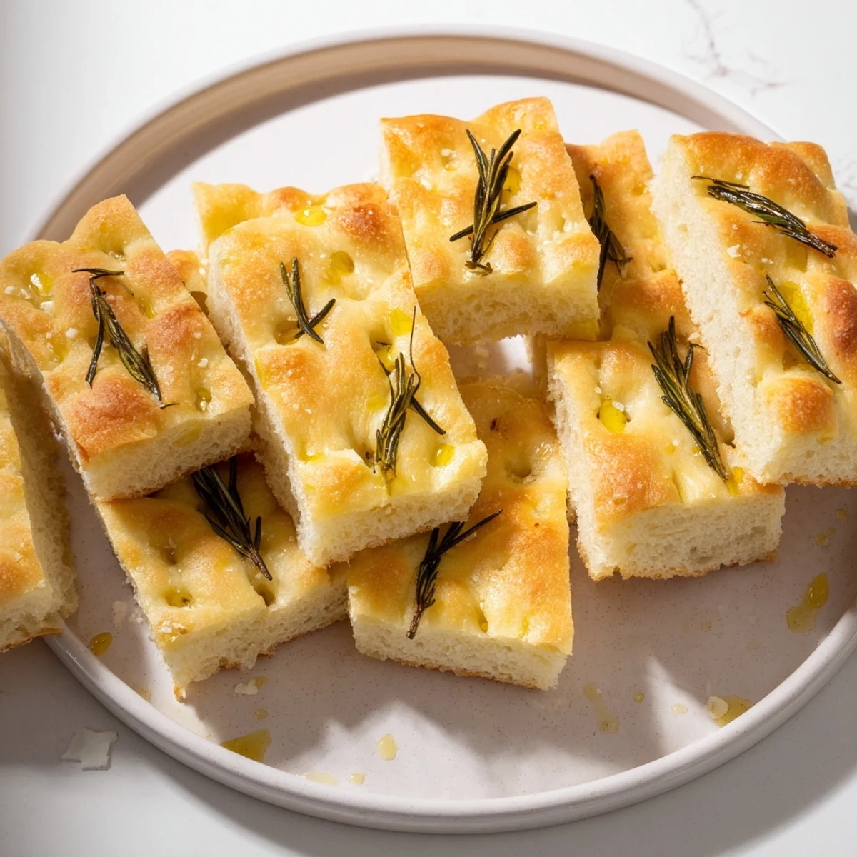 Sliced focaccia holiday bread, golden-crusted and dimpled, topped with fragrant rosemary sprigs.