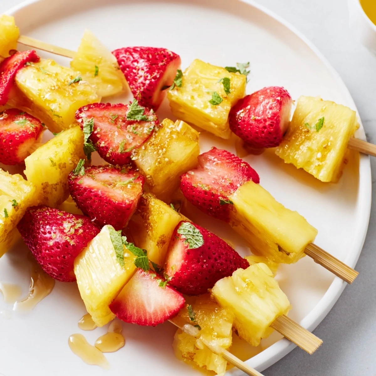 Bright photo of refreshing Fruit Skewers with Pineapple and Strawberries, perfectly arranged on skewers.